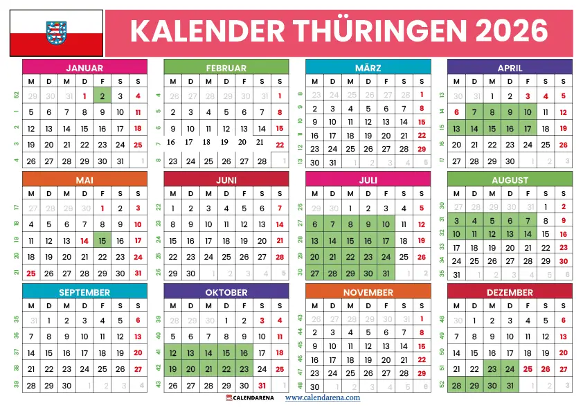  Ferien Thüringen 2026 - Kostenloser Kalender PDF Bildidee 