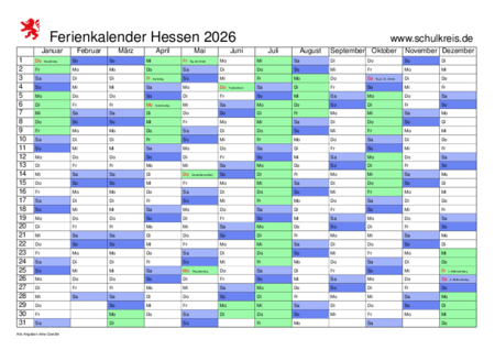 Schulferien-Kalender Hessen 2026 mit Feiertagen und Ferien Bildidee 