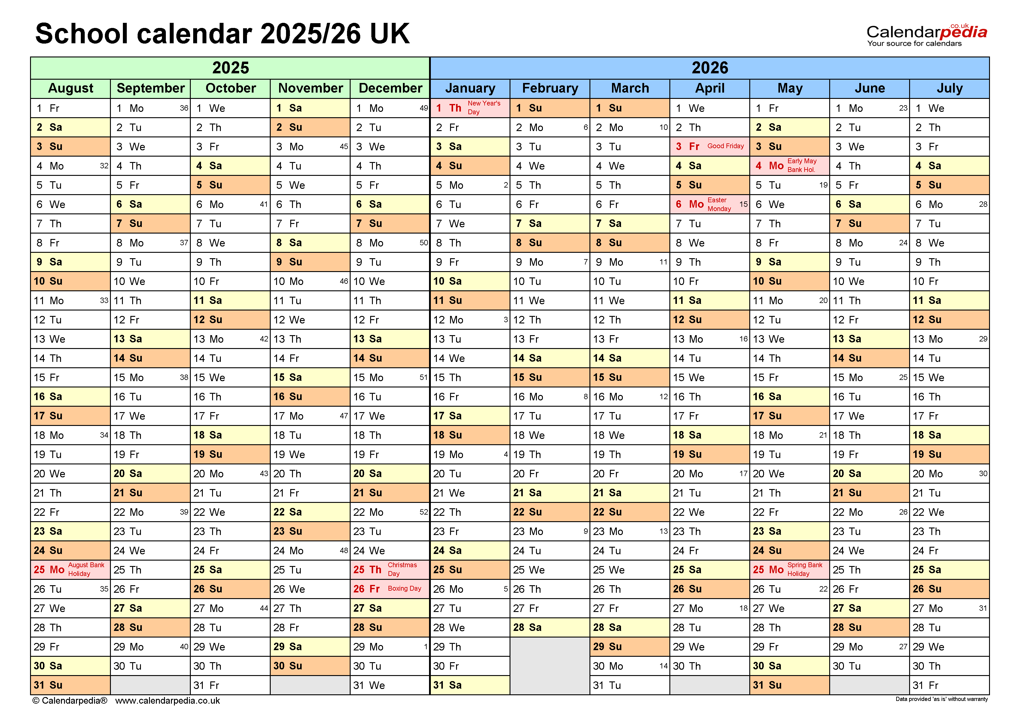  School calendars 2025/26 UK - free printable PDF templates 