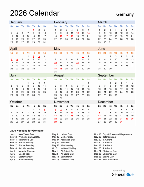  2026 Germany Calendar with Holidays Motiv 