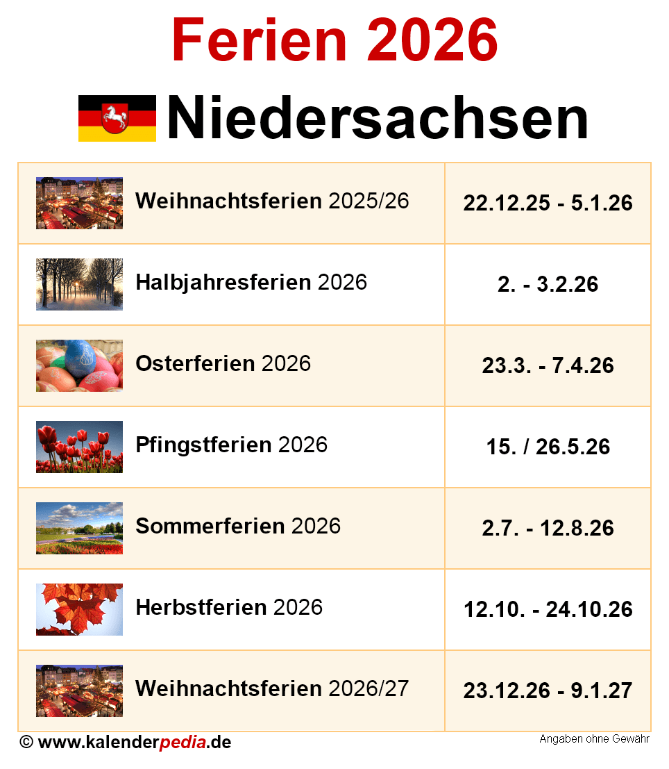  Ferien Niedersachsen 2026 - Übersicht der Ferientermine Illustration 