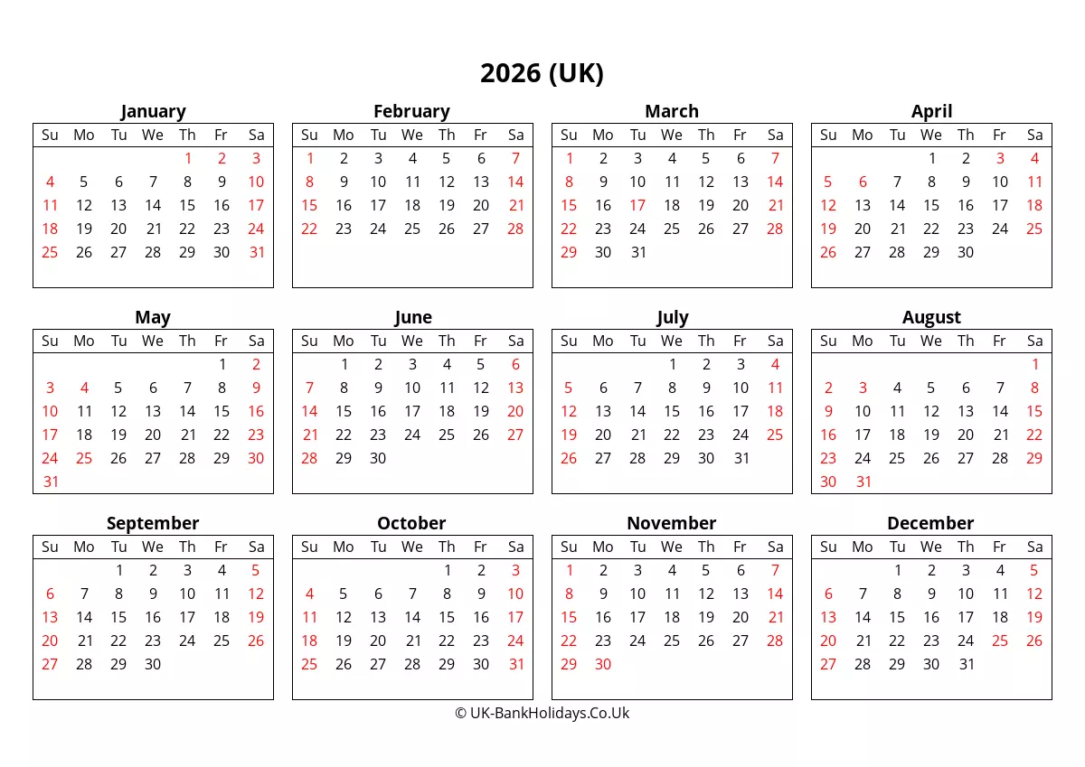  2026 UK Calendar Printable in Word, PDF, Excel 