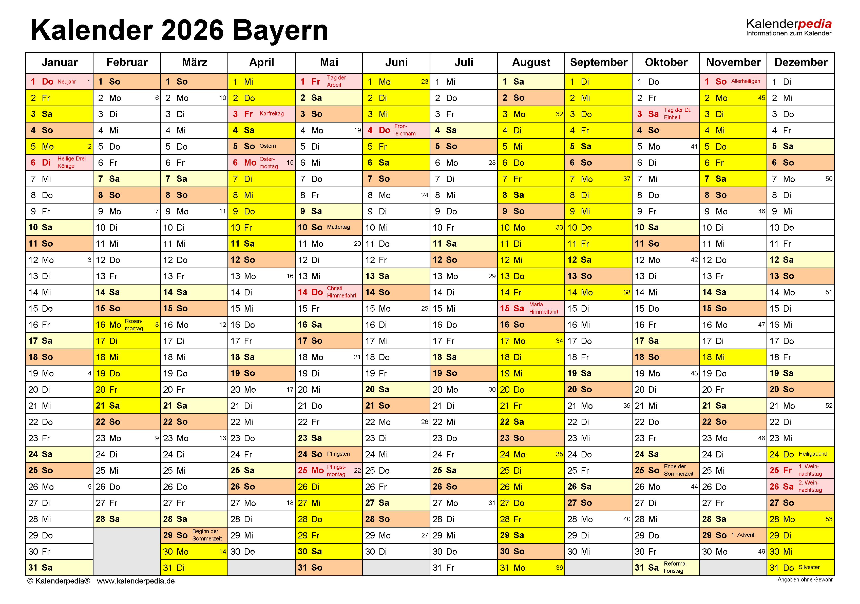  Kalender 2026 Bayern: Ferien, Feiertage, Excel-Vorlagen 