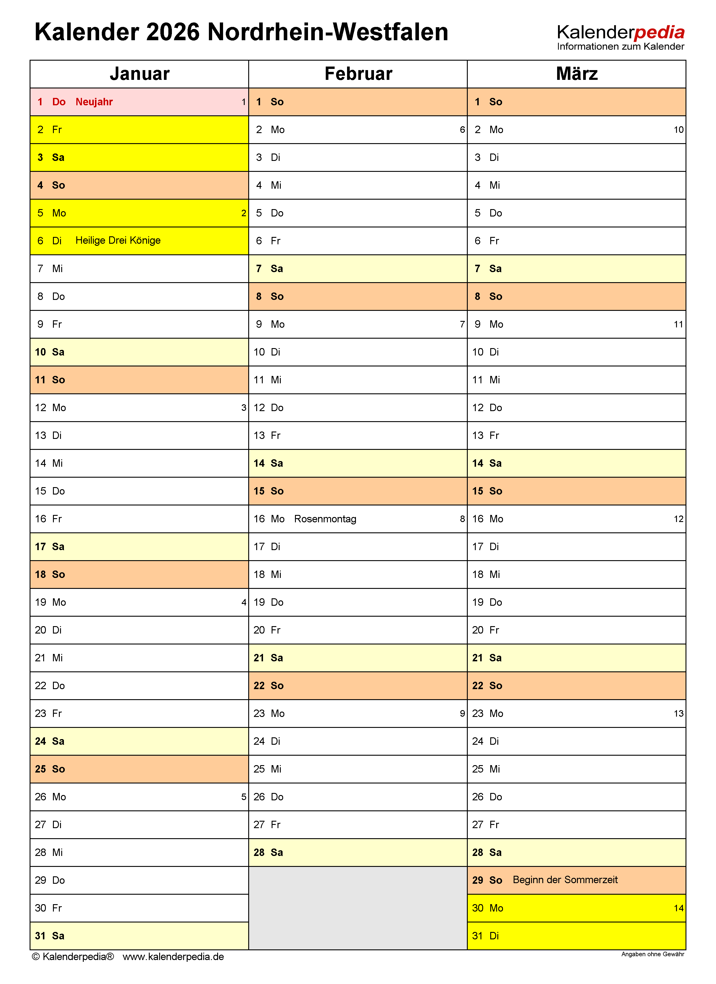  Kalender 2026 NRW: Ferien, Feiertage, PDF-Vorlagen Illustration 