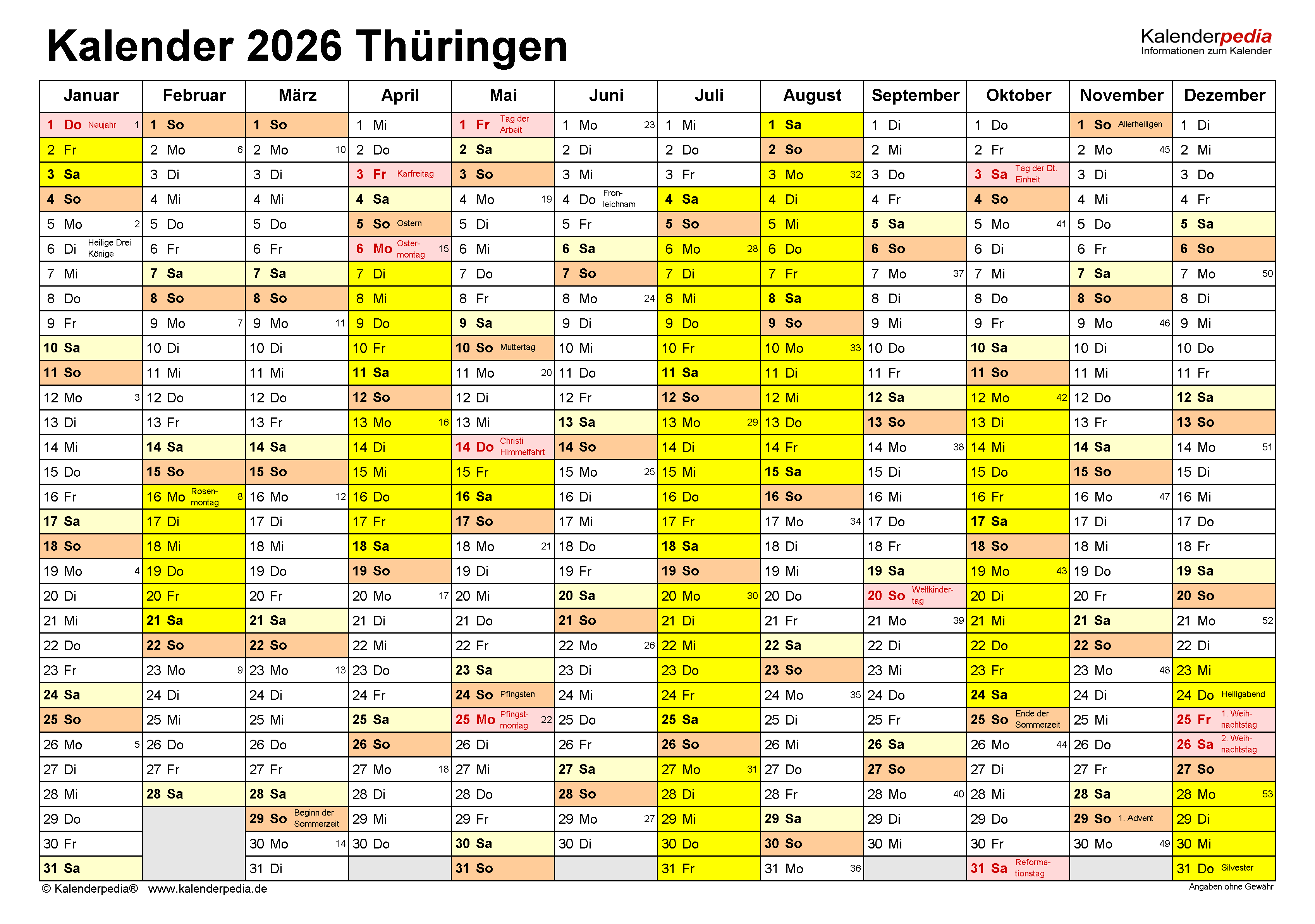  Kalender 2026 Thüringen: Ferien, Feiertage, PDF-Vorlagen 