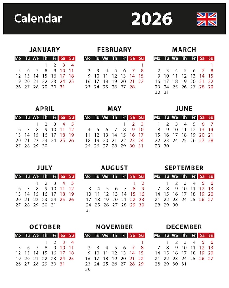  2026 Calendar vector stock illustration English version Illustration 