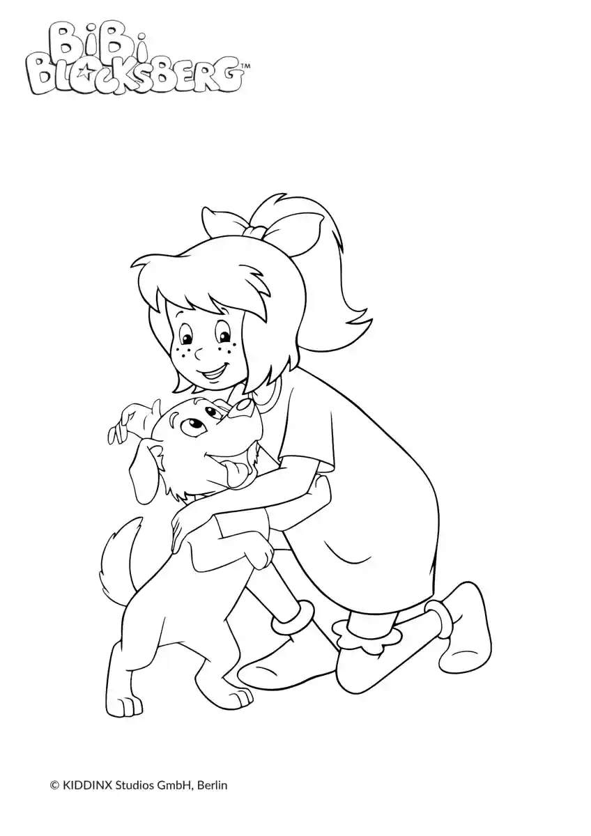  Ausmalbild Bibi Blocksberg kuschelt mit Hund - Gratis Malvorlagen Motiv 
