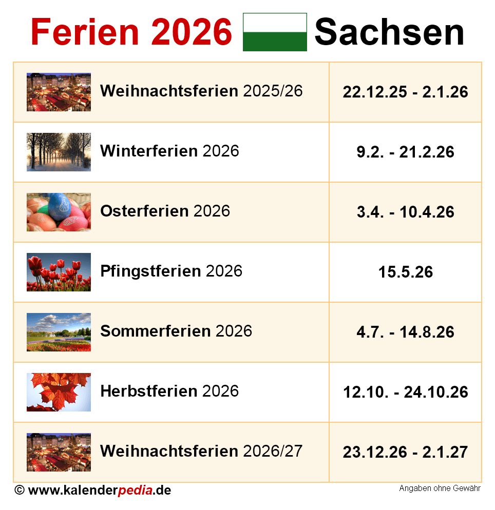  Ferien Sachsen 2026 - Übersicht der Ferientermine Bildidee 