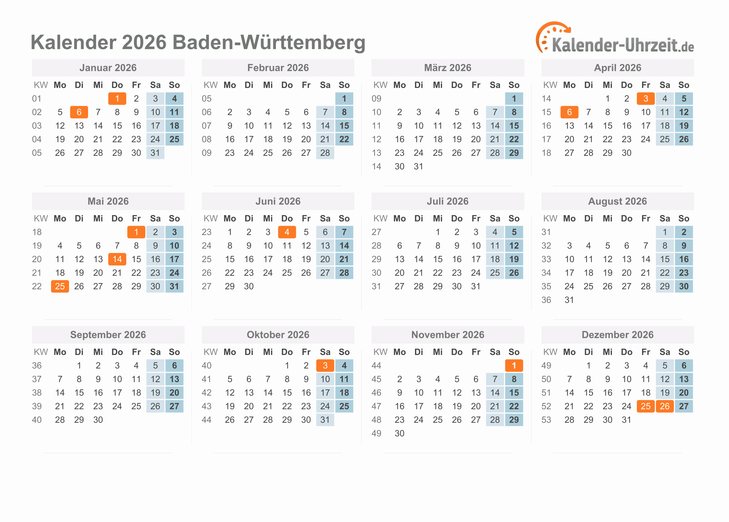  Feiertage 2026 Baden-Württemberg + Kalender Motiv 