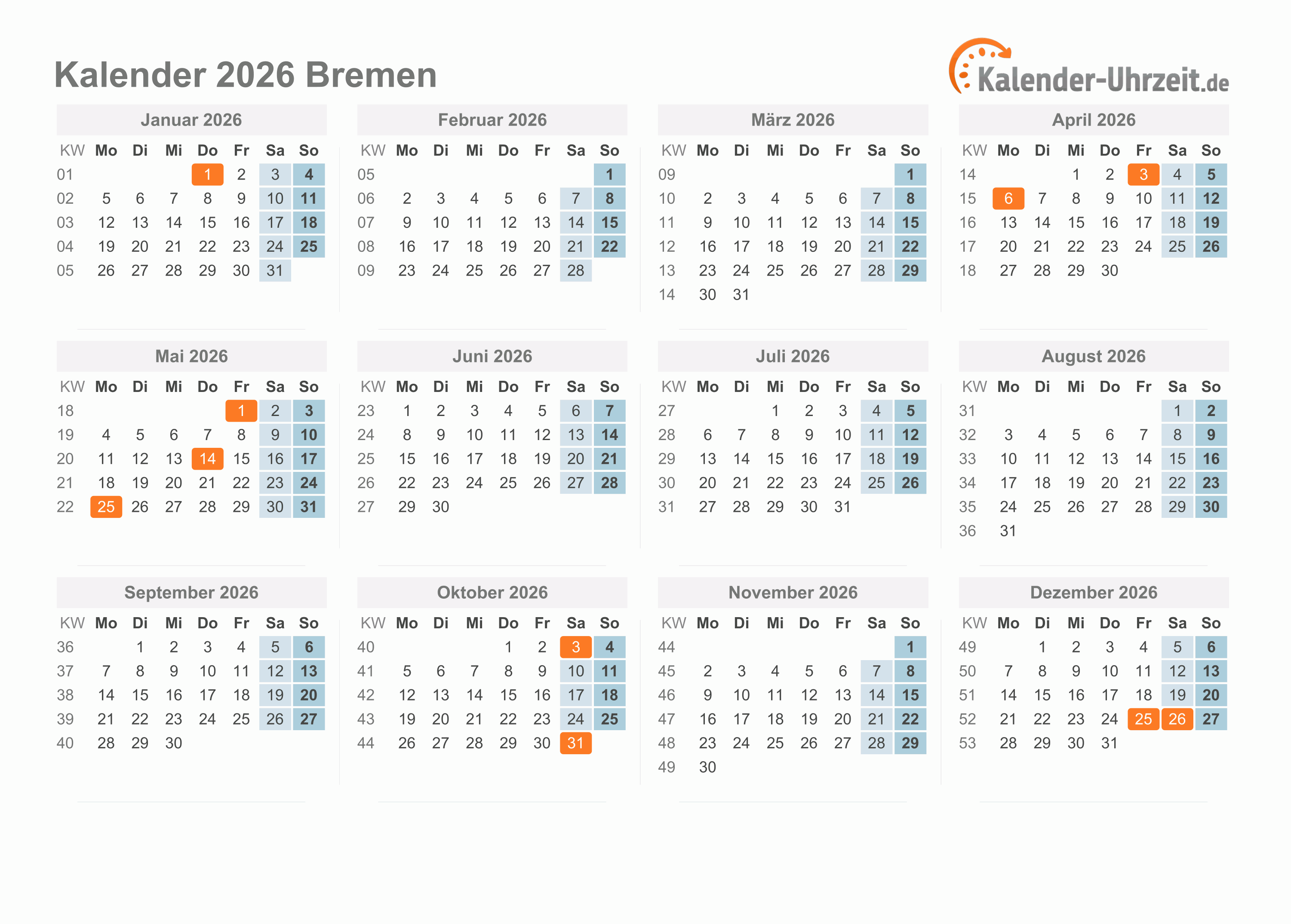  Feiertage 2026 Bremen + Kalender Illustration 
