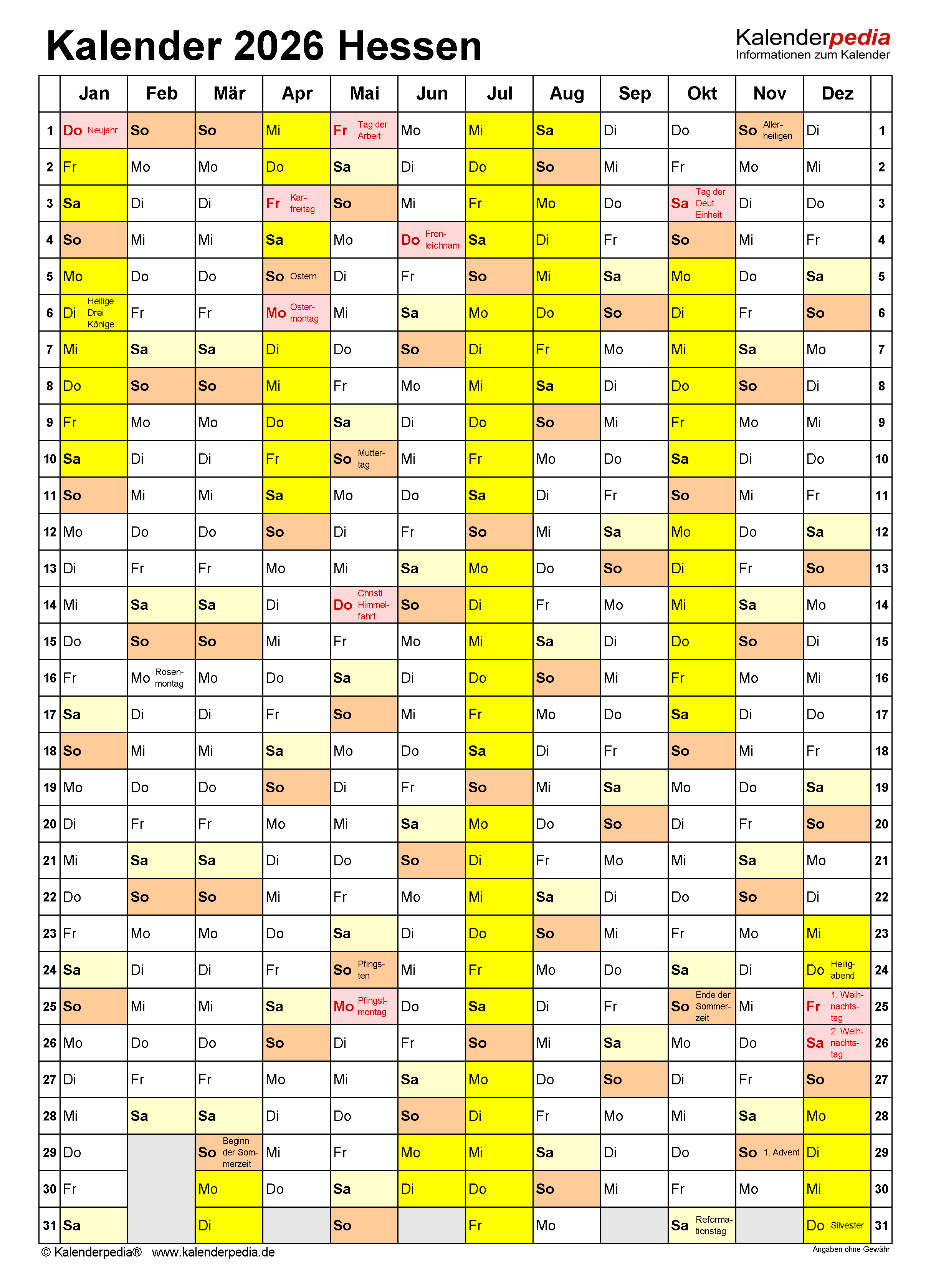  Kalender 2026 Hessen: Ferien, Feiertage, Excel-Vorlagen 