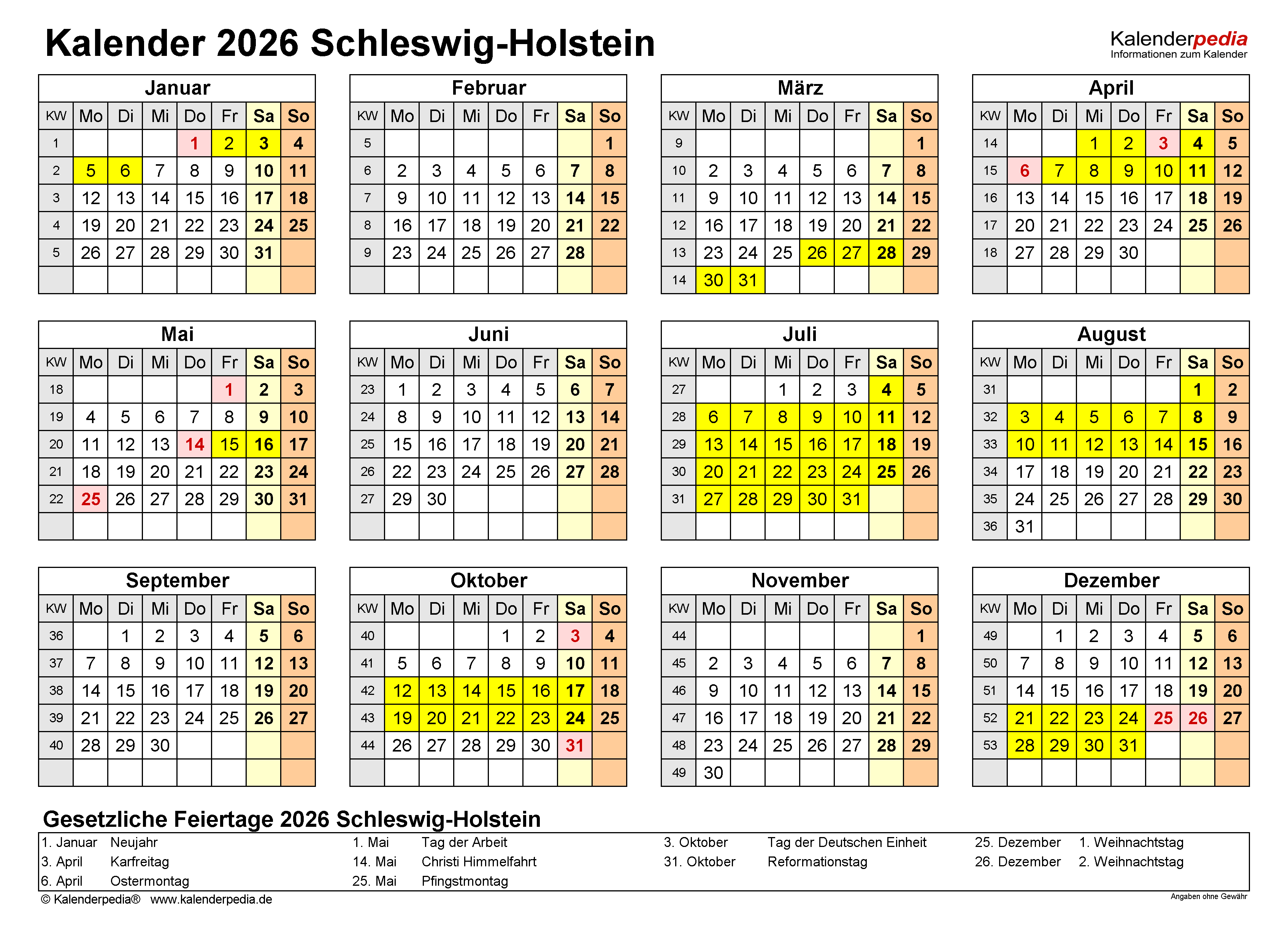 Kalender 2026 Schleswig-Holstein: PDF-Vorlagen mit Ferien Motiv 