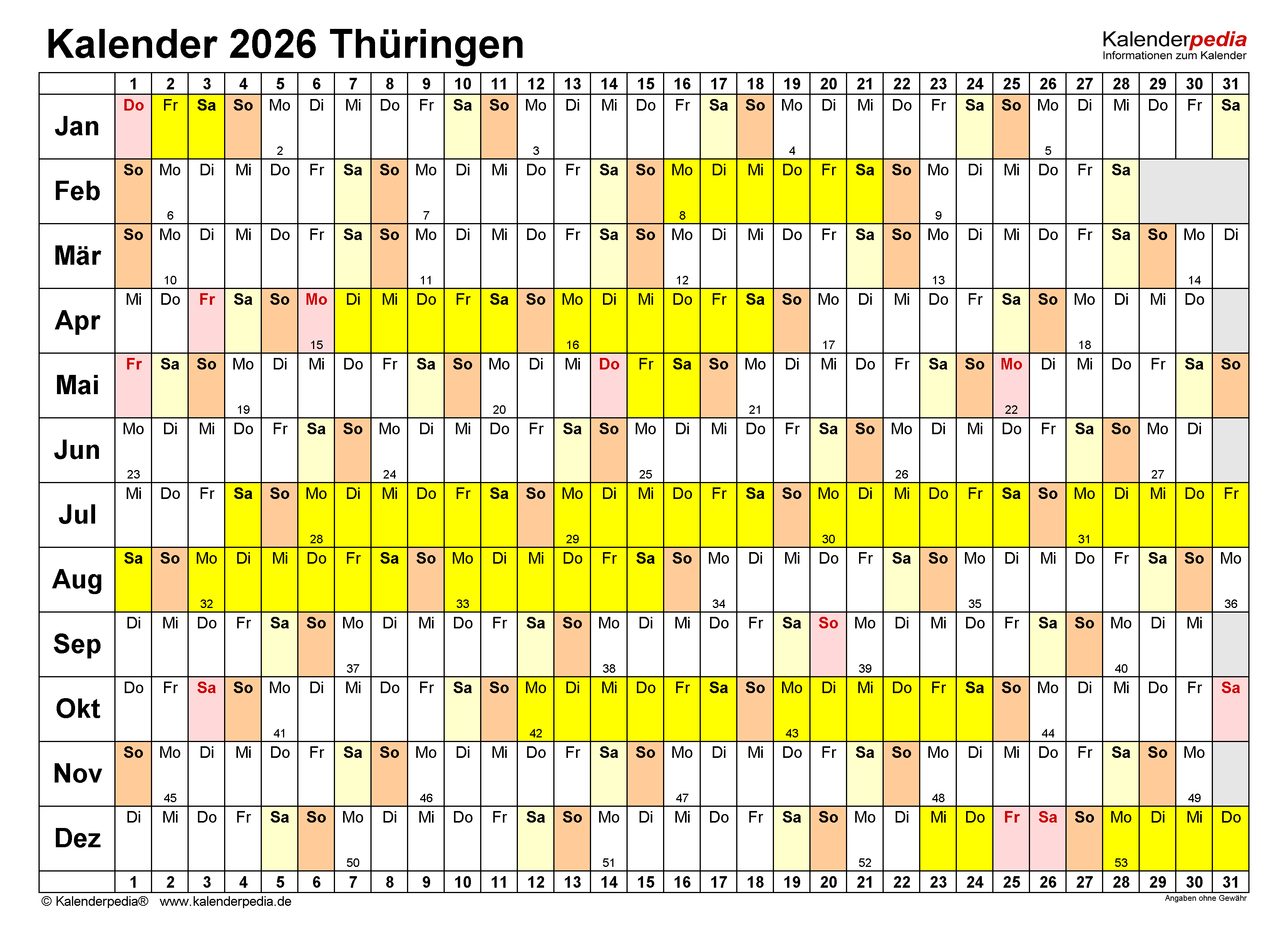  Kalender 2026 Thüringen: Ferien, Feiertage, Excel-Vorlagen 