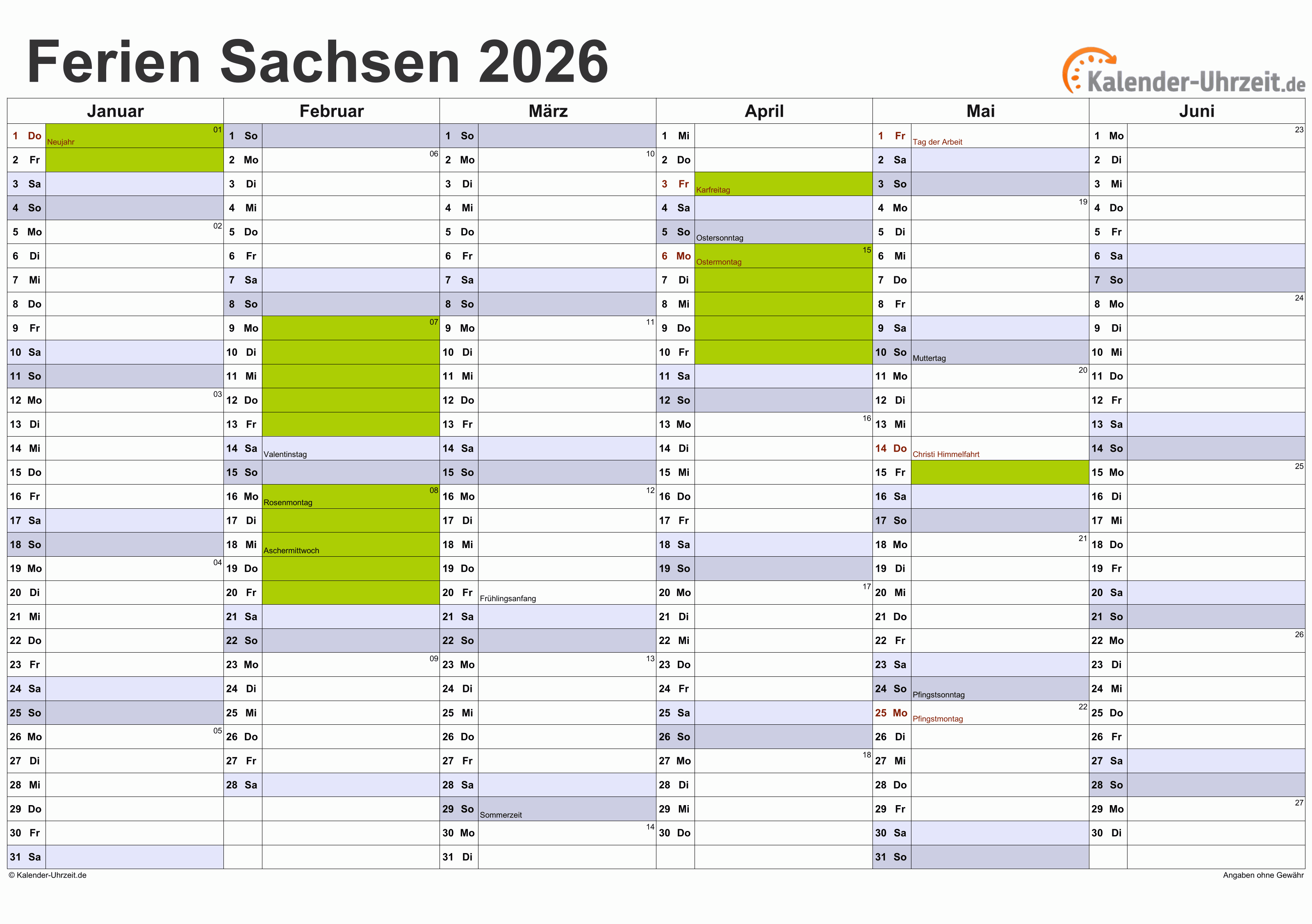  Ferien Sachsen 2026 - Ferienkalender zum Ausdrucken Motiv 