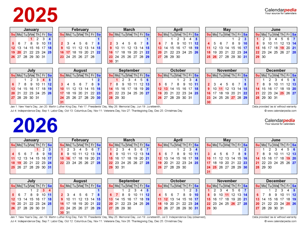  2025 and 2026 Yearly Calendar Printable 