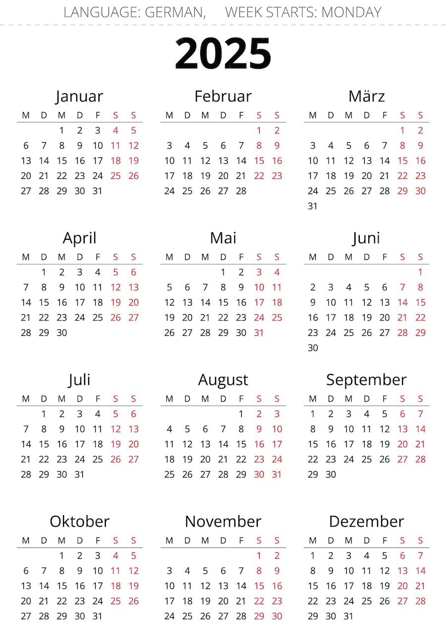  2025 vertical german calendar Printable vector 
