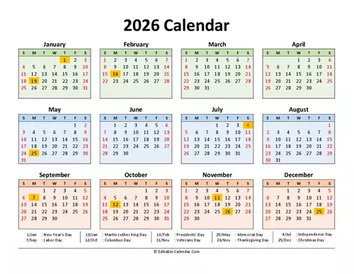  Download 2026 Calendar Printable With Us Holidays, weeks start on Sunday Illustration 