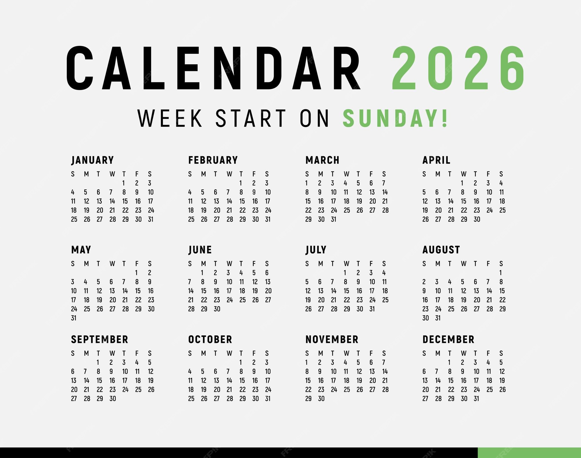  Calendar 2026 minimal style week start on sunday Illustration 