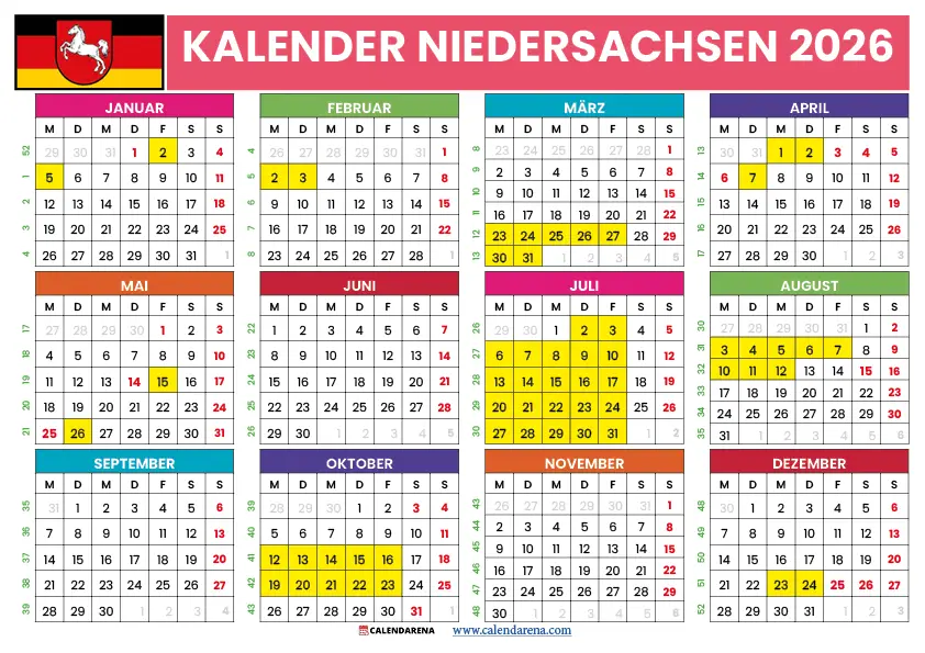  Ferien Niedersachsen 2026 - Kostenloser Kalender Motiv 