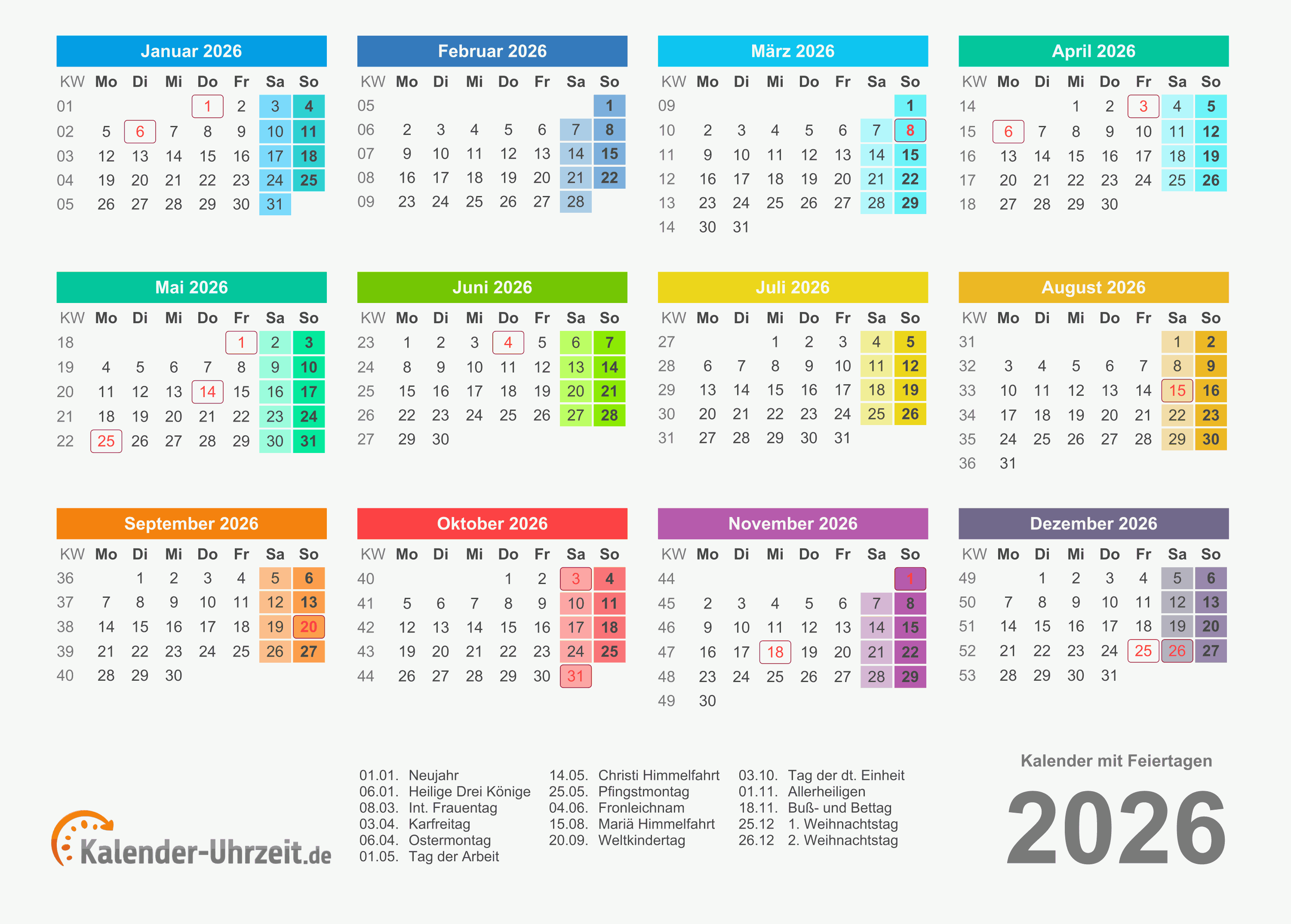  Kalender 2026 mit Feiertagen Illustration 