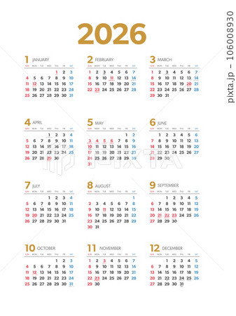  2026年 年間カレンダー縦 祝日・年中行事入りのイラスト素材 [106008930] - PIXTA Illustration 