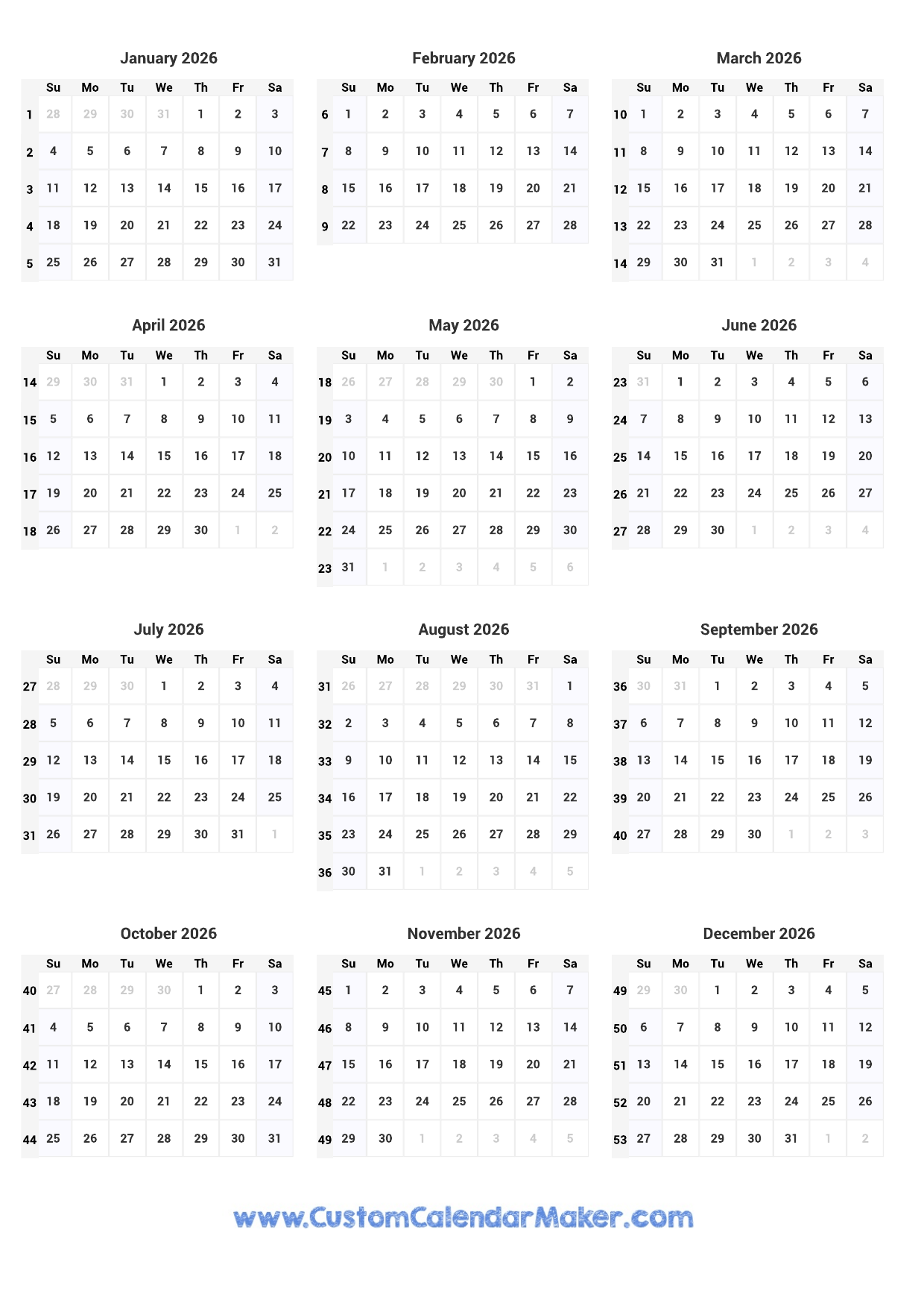  2026 One Page Yearly Calendar with Week Numbers 