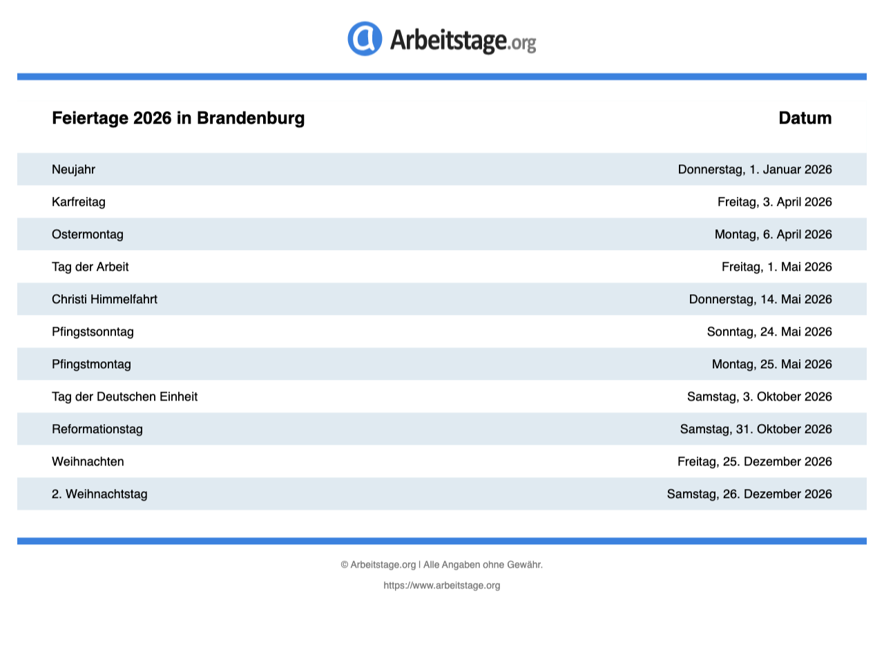  Feiertage 2026 in Brandenburg • Termine & Infos Motiv 