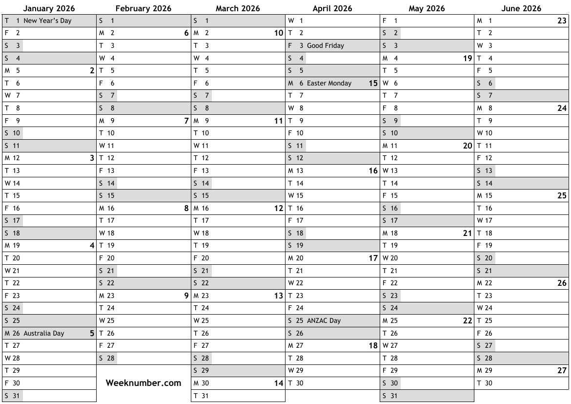  2026 calendar with week numbers and holidays for Australia … official Bildidee 