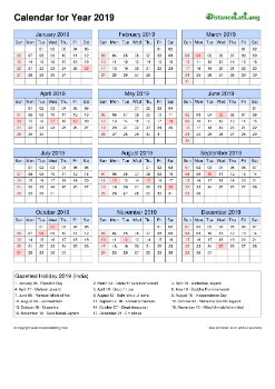  Calendar Horizintal Grid Sun Sat Gazetted Holiday India A4 Portrait 2019 Motiv 