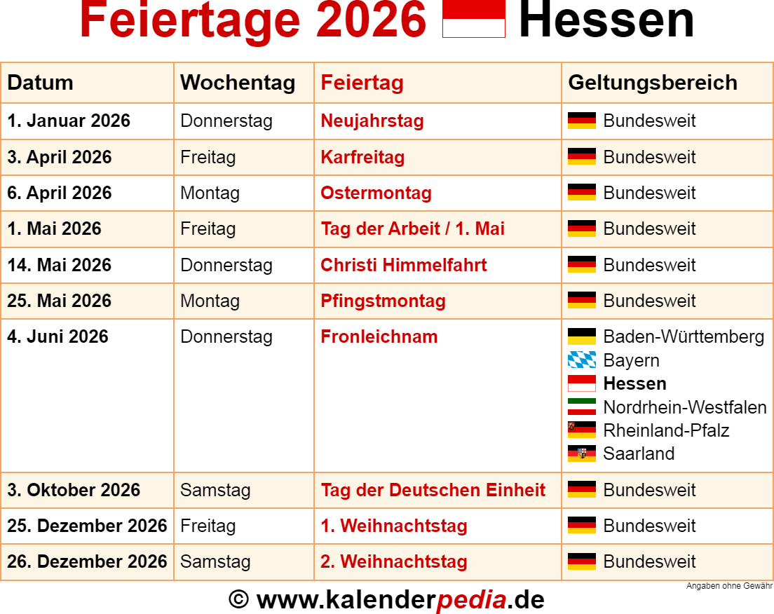  Foto zu Feiertage Hessen 2026 - Kalenderpedia 