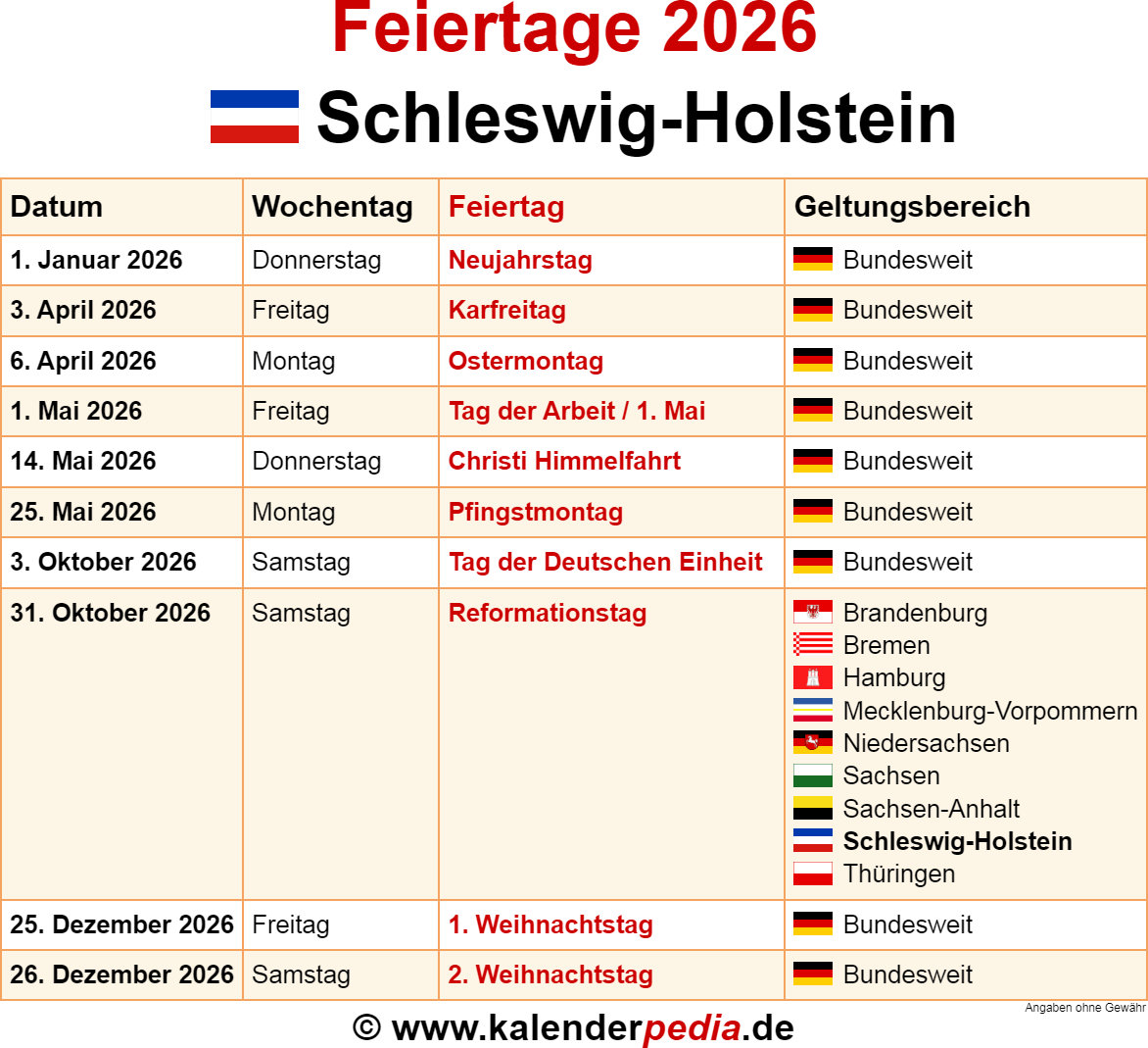  Feiertage Schleswig-Holstein 2026 - Kalenderpedia Motiv 