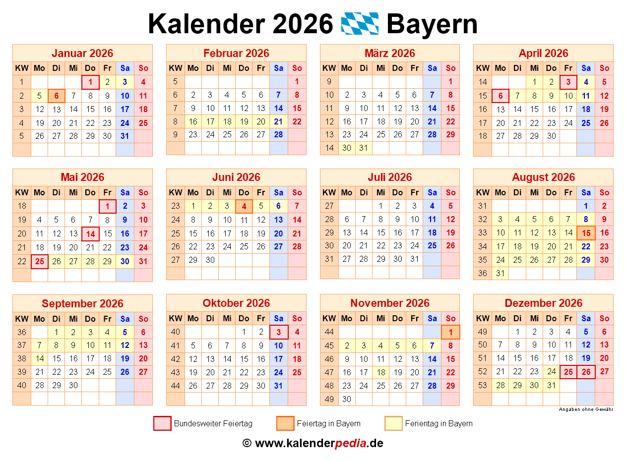  Kalender 2026 Bayern: Ferien, Feiertage, Excel-Vorlagen Illustration 