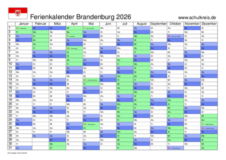  Schulferien-Kalender Brandenburg 2026 mit Feiertagen und Ferien Illustration 