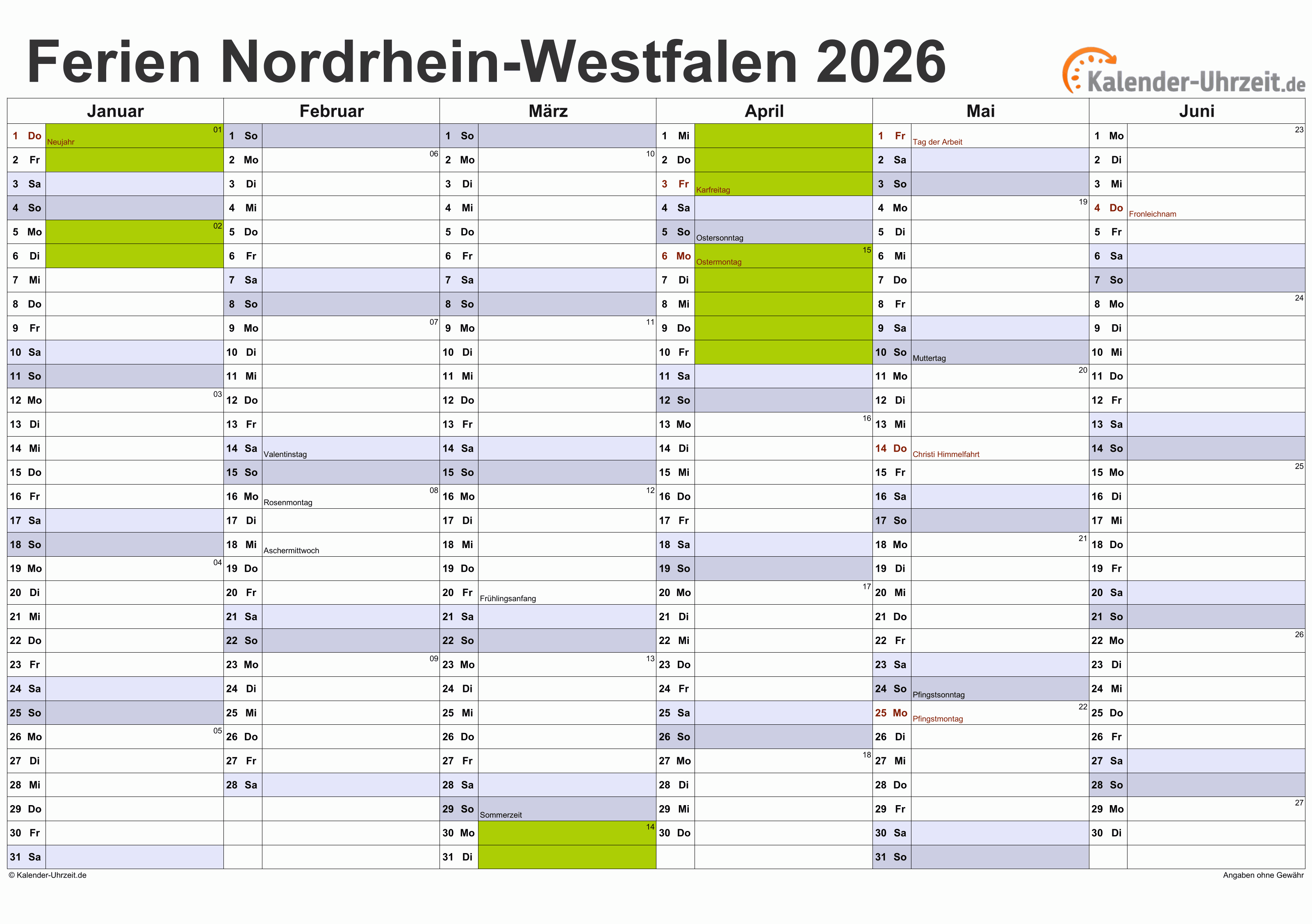 Foto zu Ferien Nordrhein-Westfalen 2026 - Ferienkalender zum Ausdrucken 