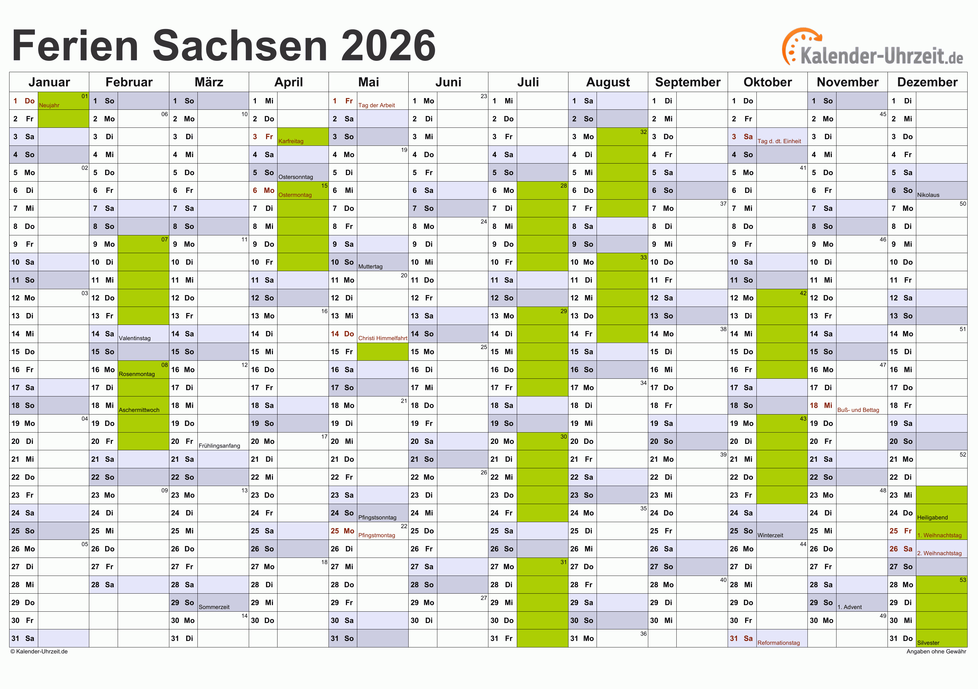  Ferien Sachsen 2026 - Ferienkalender zum Ausdrucken 