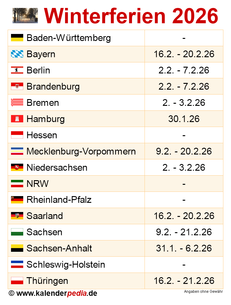  Winterferien 2026 in Deutschland (alle Bundesländer) Illustration 