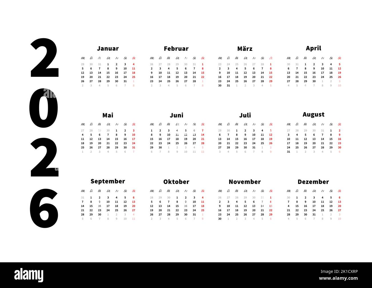  2026 year simple horizontal calendar in german, typographic calendar Motiv 
