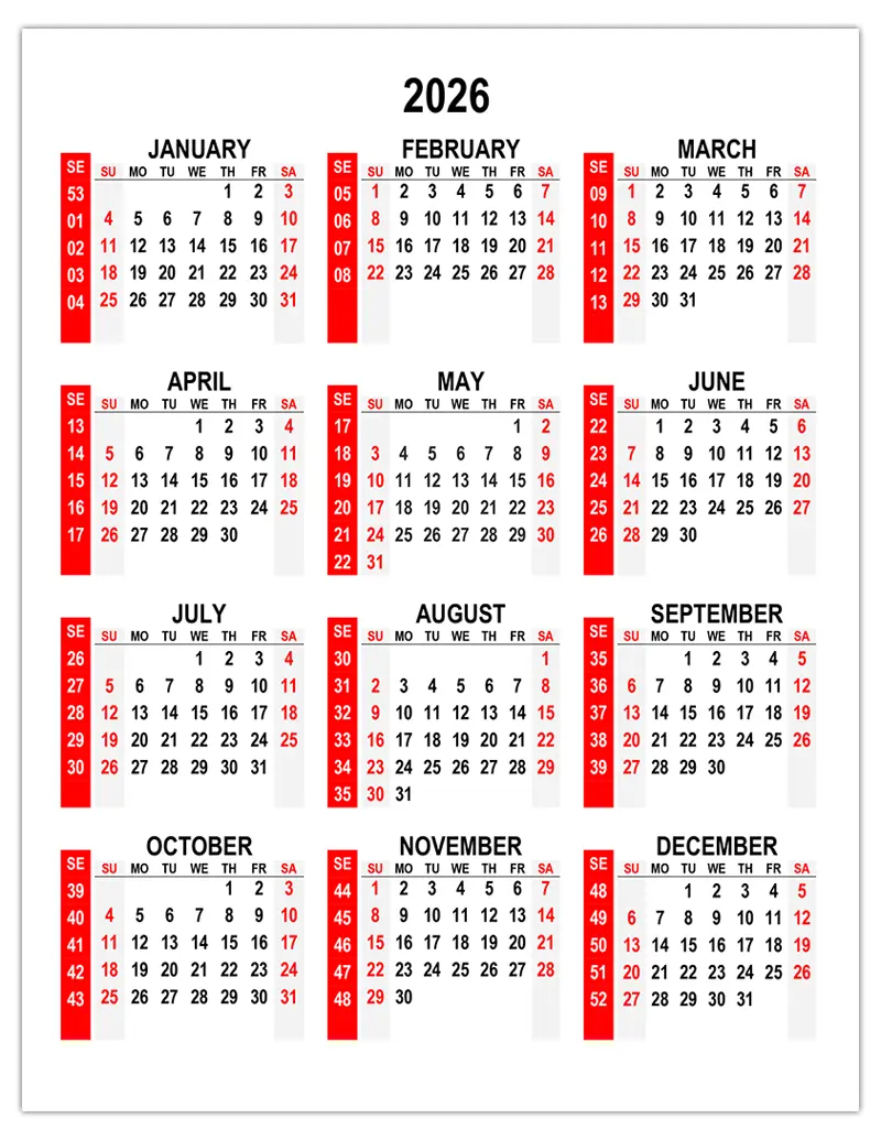  Yearly calendar 2026 – free-calendar.su Illustration 