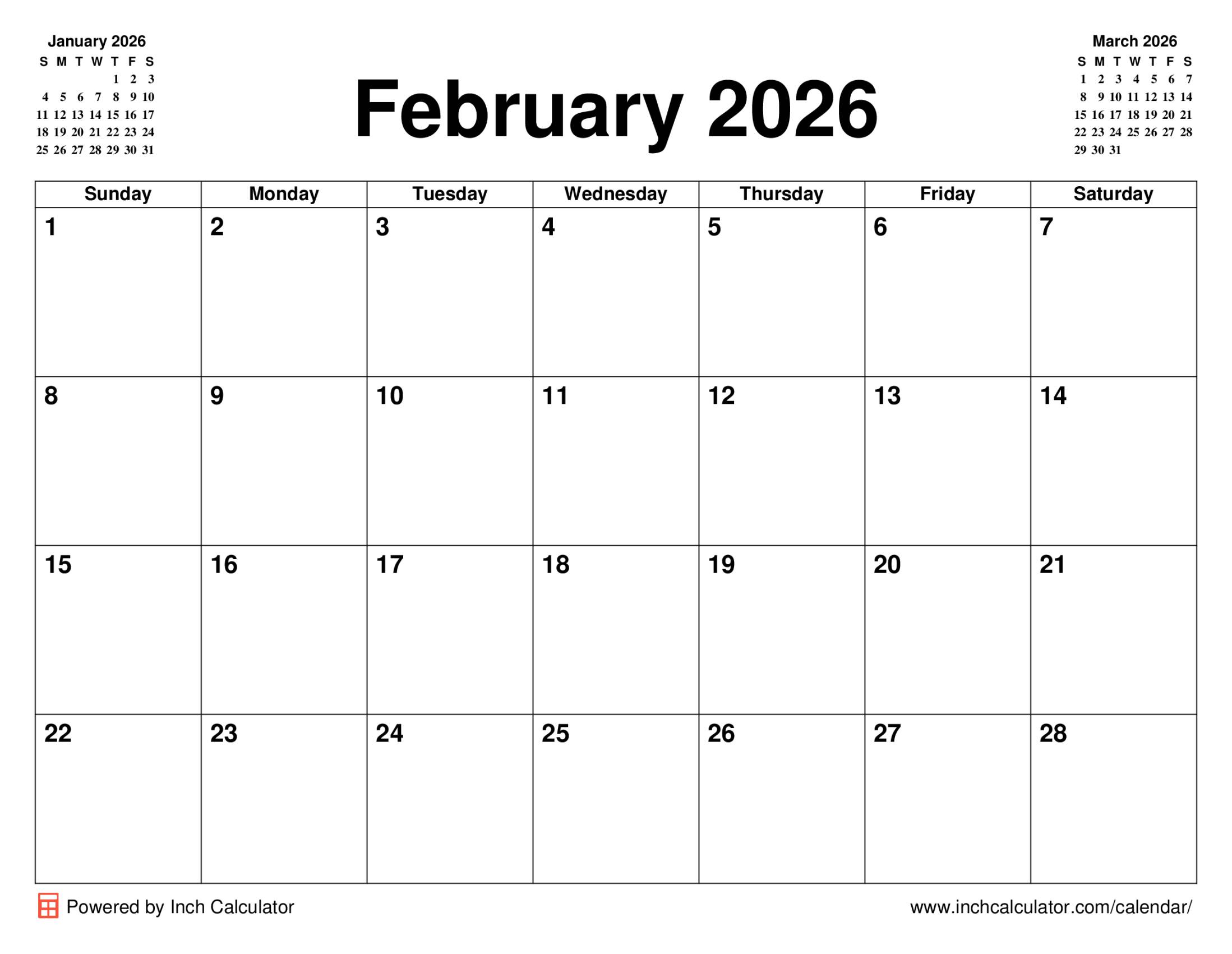  Foto zu February 2026 Calendar - Inch Calculator 