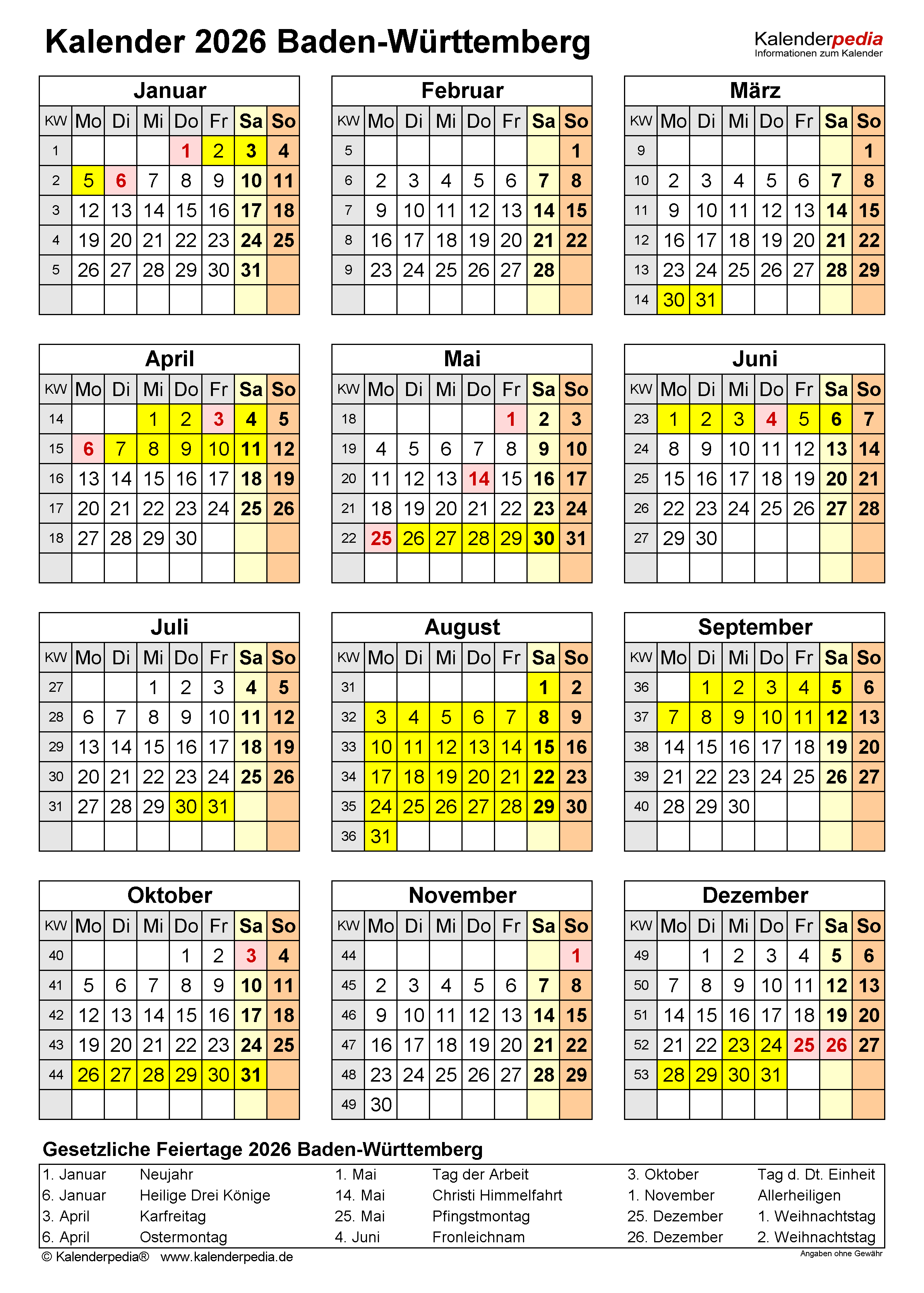  Foto zu Kalender 2026 Baden-Württemberg: Word-Vorlagen mit Ferien 
