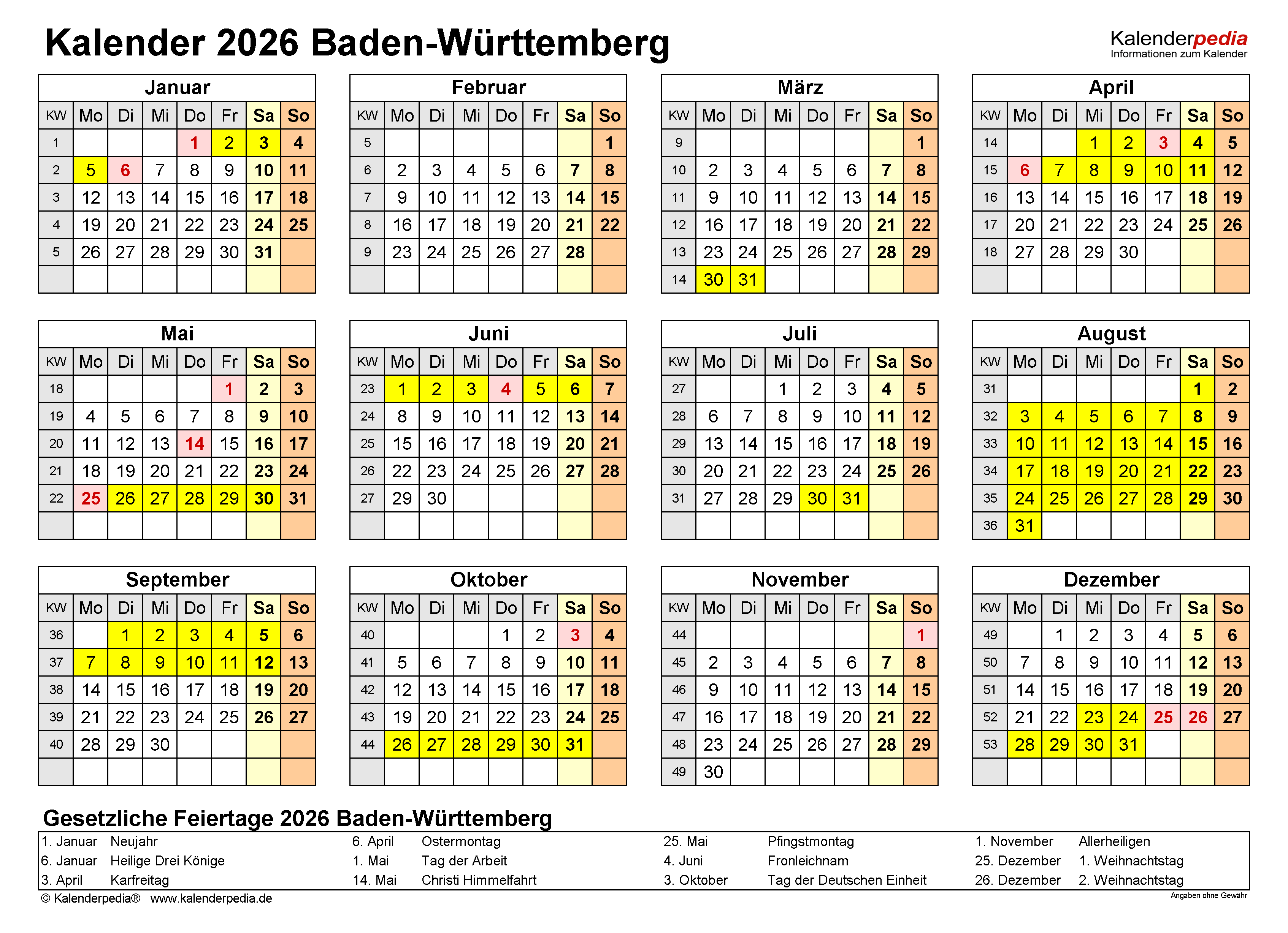  Kalender 2026 Baden-Württemberg: Word-Vorlagen mit Ferien Bildidee 