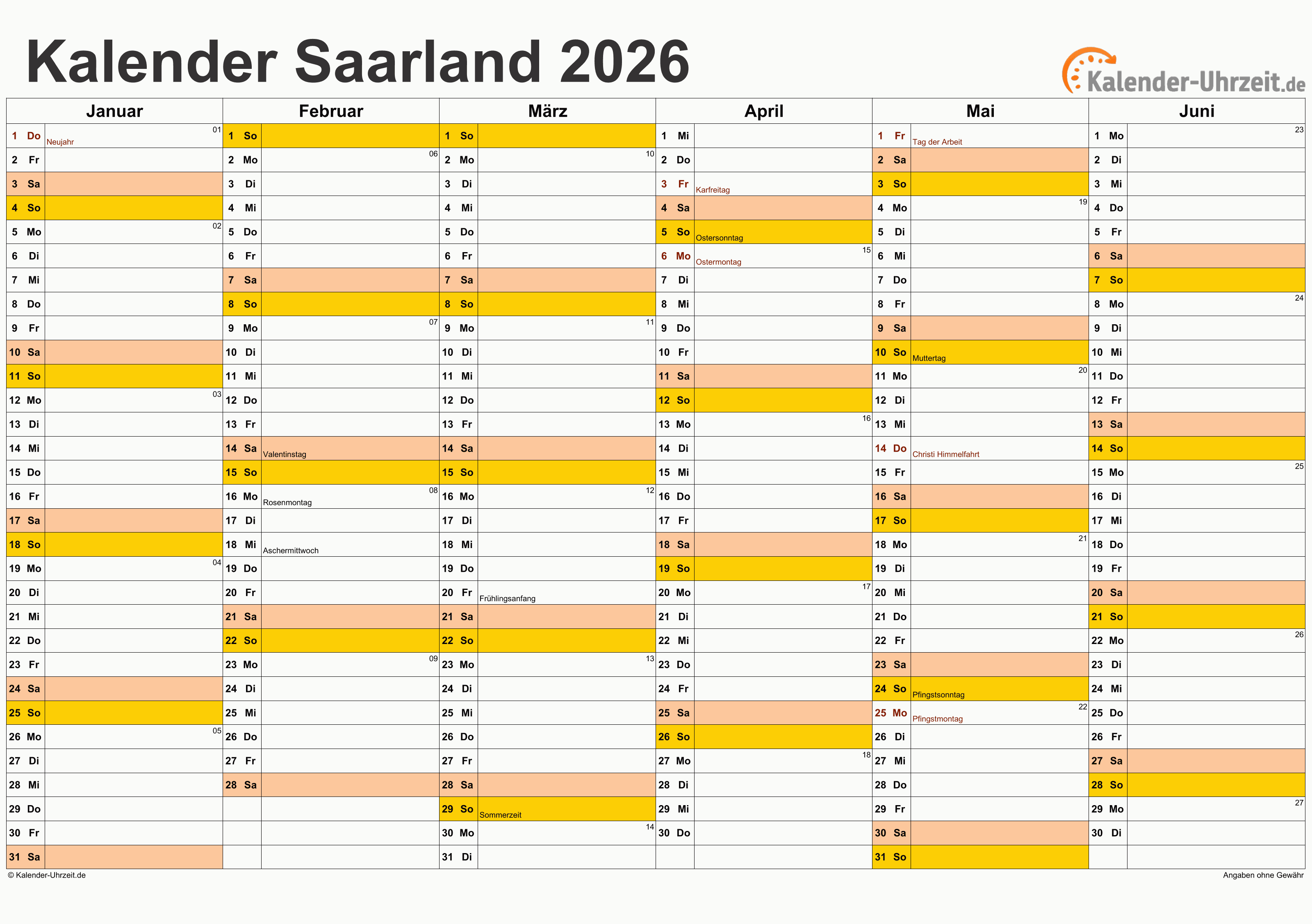  Feiertage 2026 Saarland + Kalender 