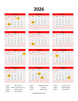 Editable 2026 Calendar With with Holidays Illustration 