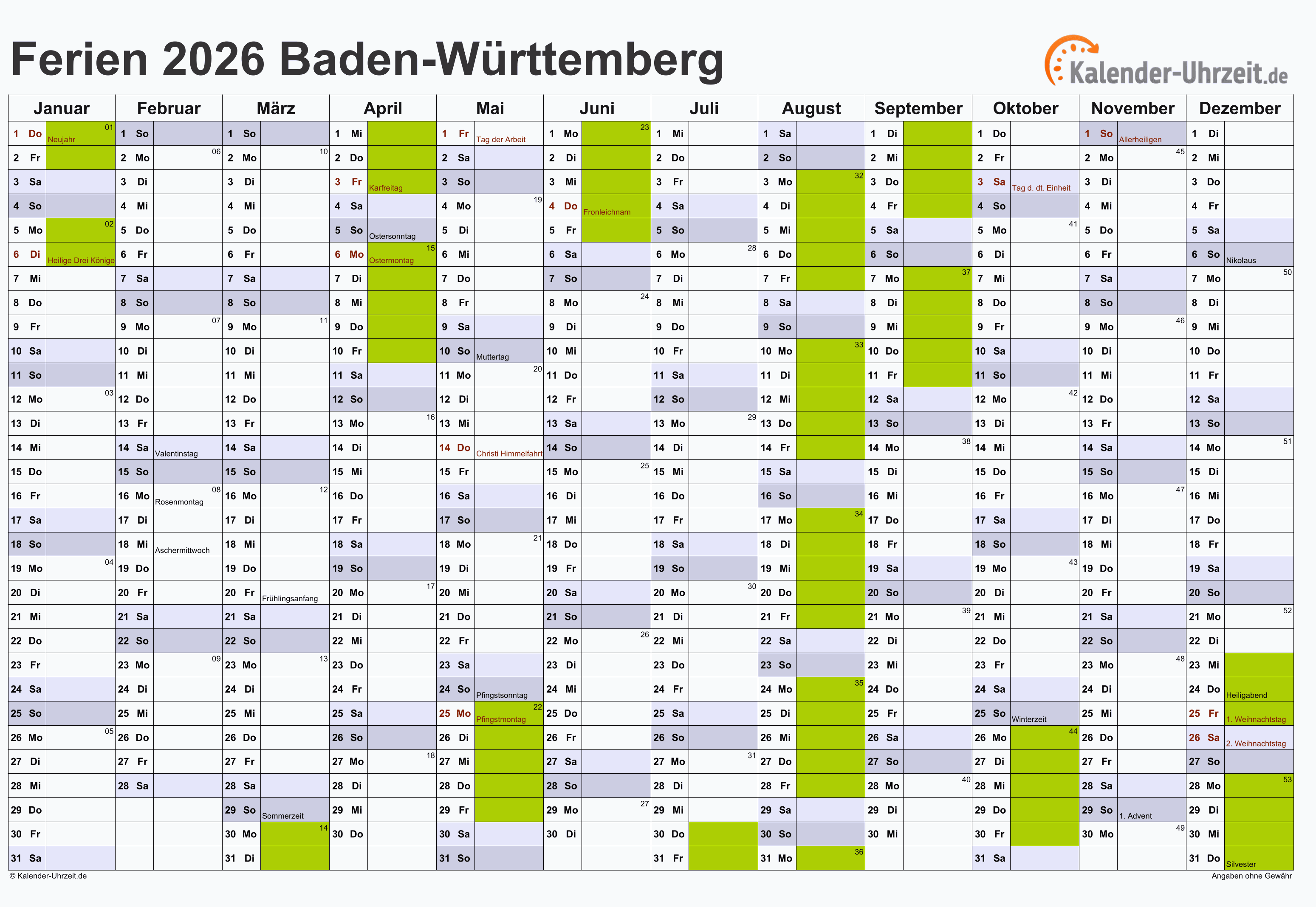  Ferien Baden-Württemberg 2026 - Ferienkalender zum Ausdrucken 