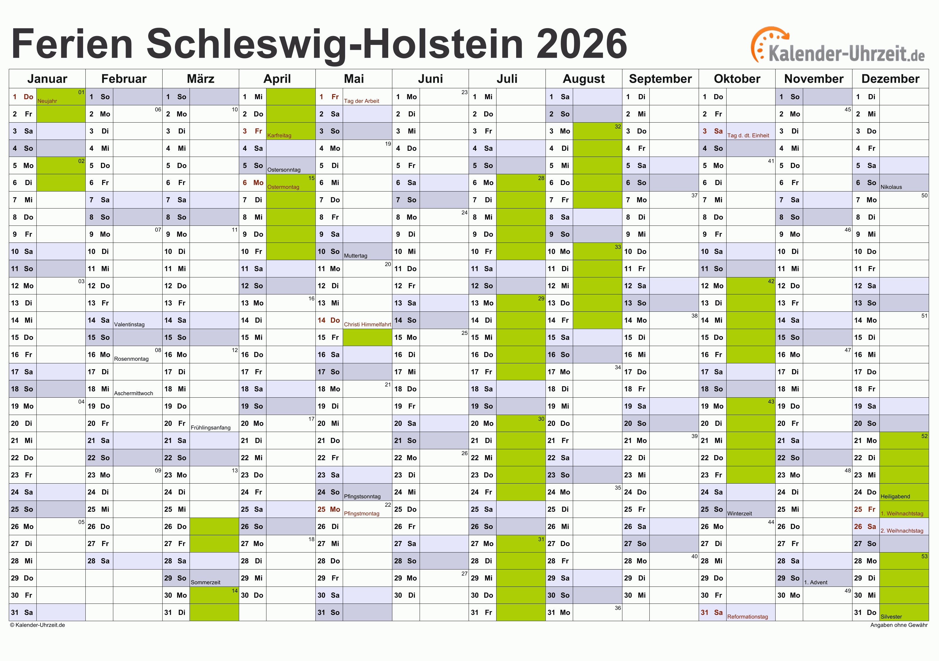  Foto zu Ferien Schleswig-Holstein 2026 - Ferienkalender zum Ausdrucken 
